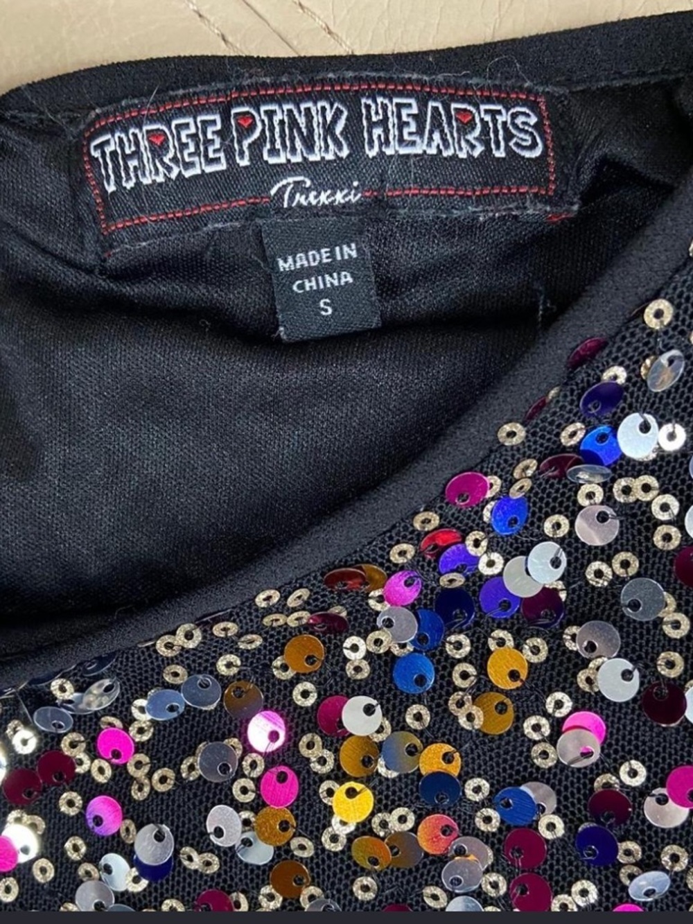 Three Pink Hearts Girls Black Multicolor Sequin Party Dress Satin Bow Size S - Picture 2 of 3